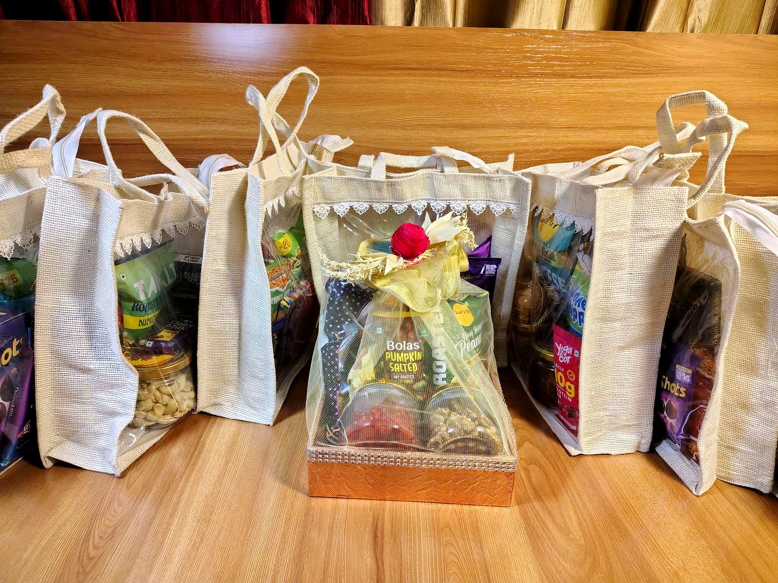 A row of festive gift hampers ready for bulk corporate dispatch