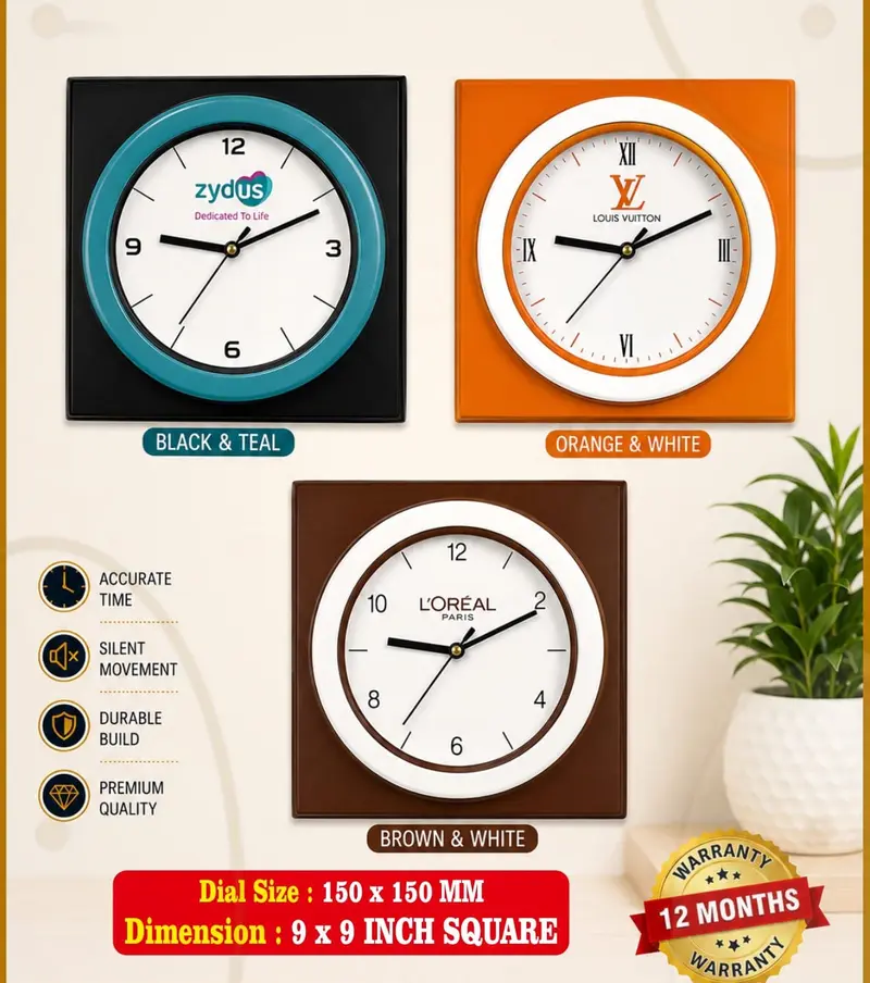 Square-Back Round Dial wall clock — 9 × 9 inch square