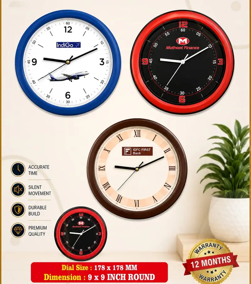 Round 9″ wall clock — 9 × 9 inch round