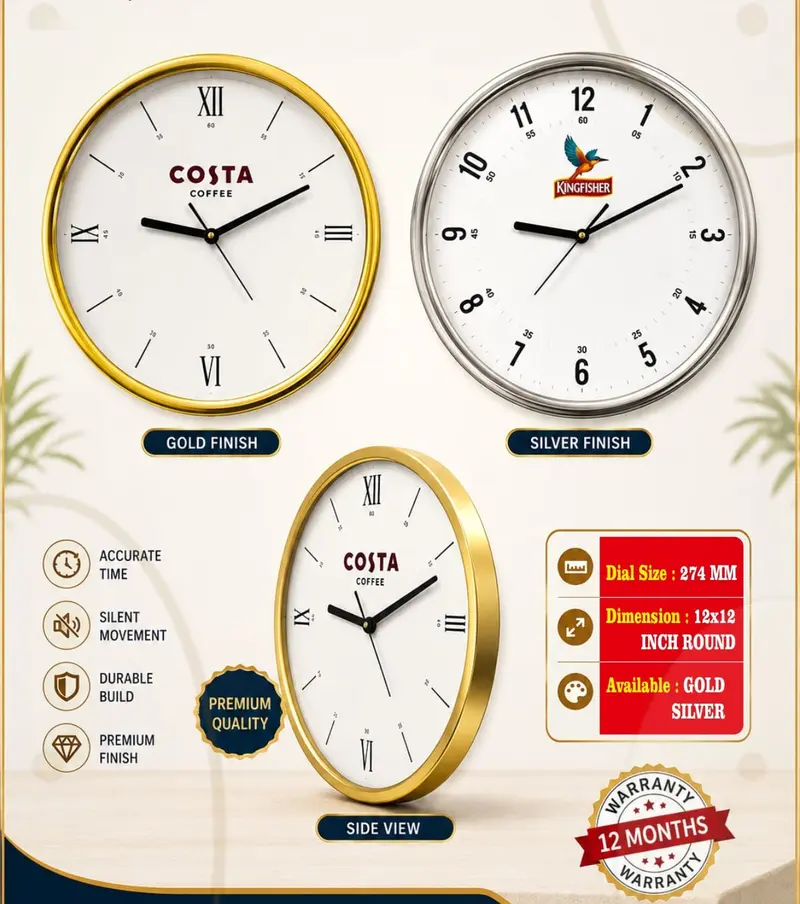 Slim Profile 12″ wall clock — 12 × 12 inch round