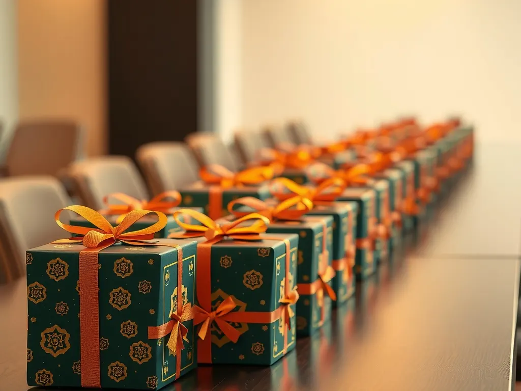 Row of green and gold festive gift boxes with orange ribbons lined up for distribution