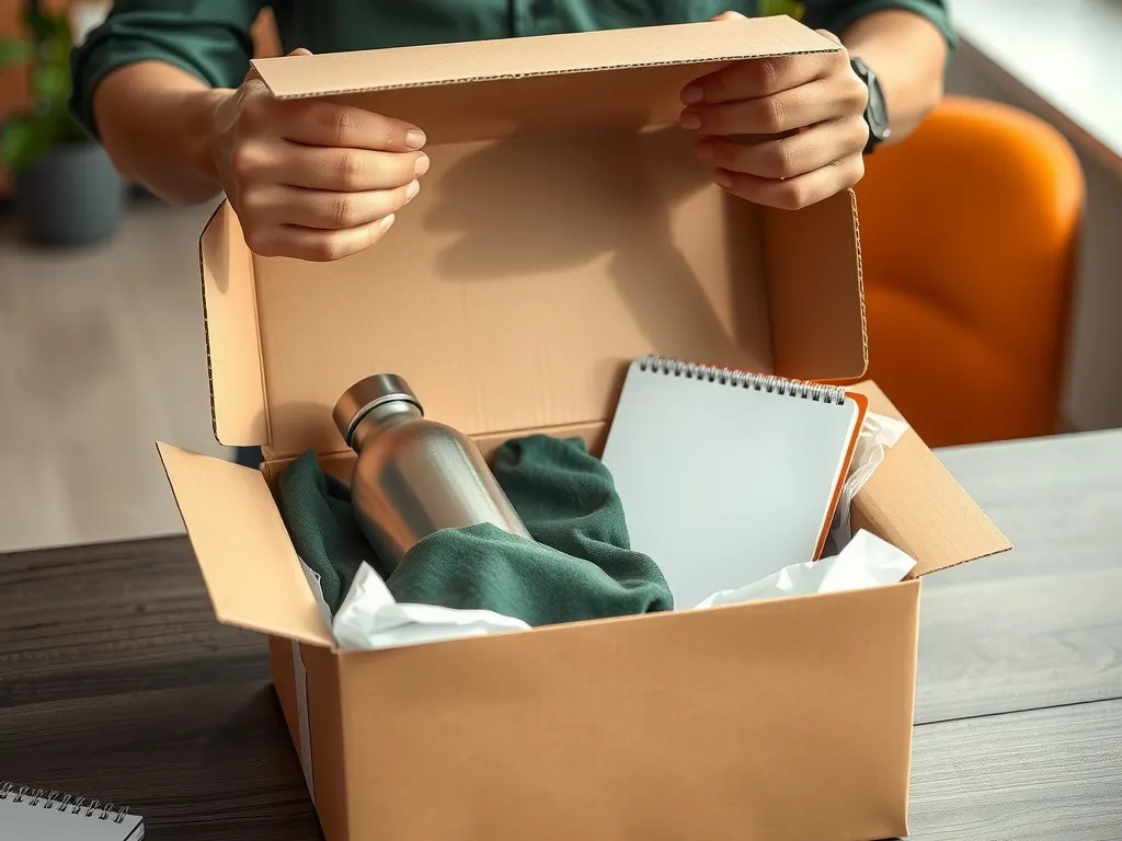 Employee opening a merchandise box with a green t-shirt, steel bottle and notebook inside