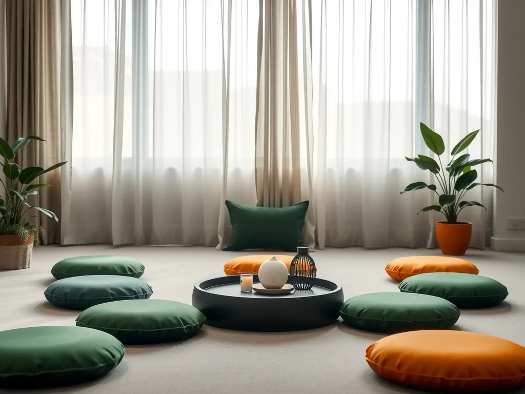Calm meeting room set up for a mindfulness session with green and orange floor cushions
