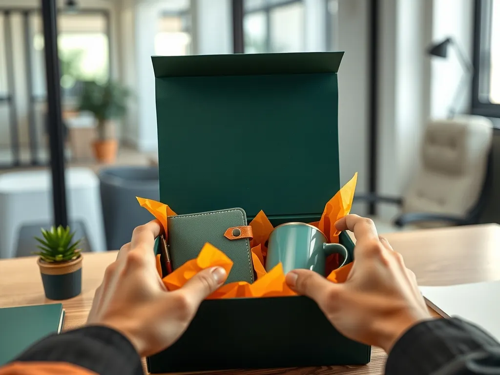 Hands opening a deep green welcome kit box revealing a notebook and mug in orange tissue paper