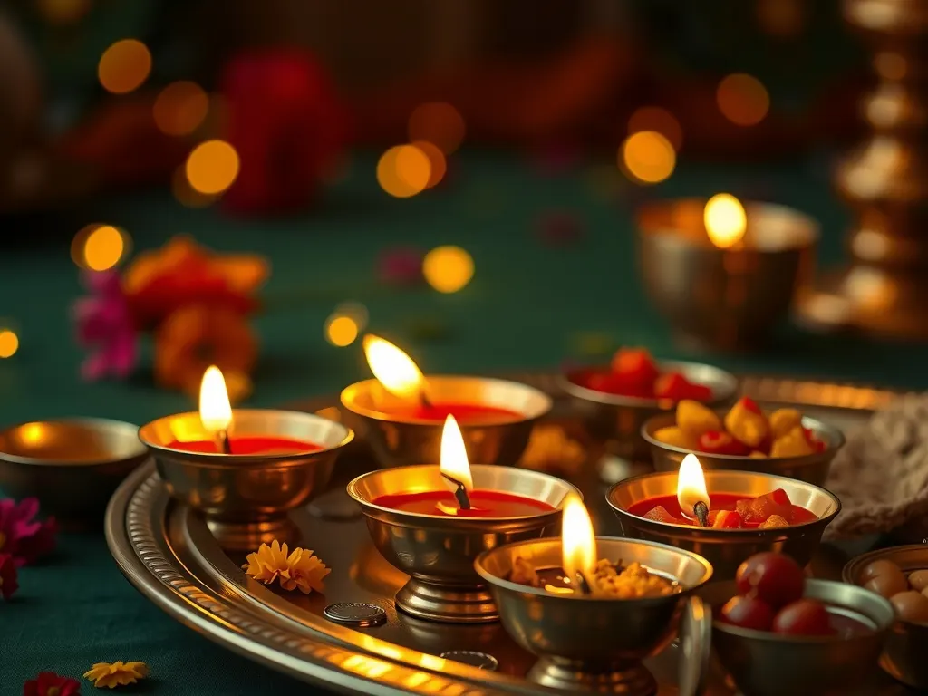 Brass thali with lit diyas, marigolds and bowls of dry fruits and sweets