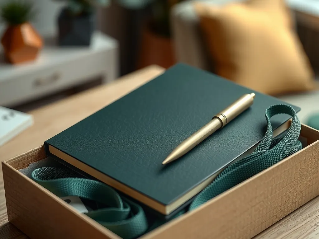 Close-up of a dark green notebook, metal pen and green lanyard inside a welcome kit