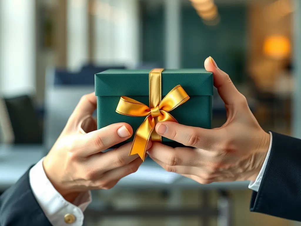 Hands presenting a dark green gift box with a gold ribbon