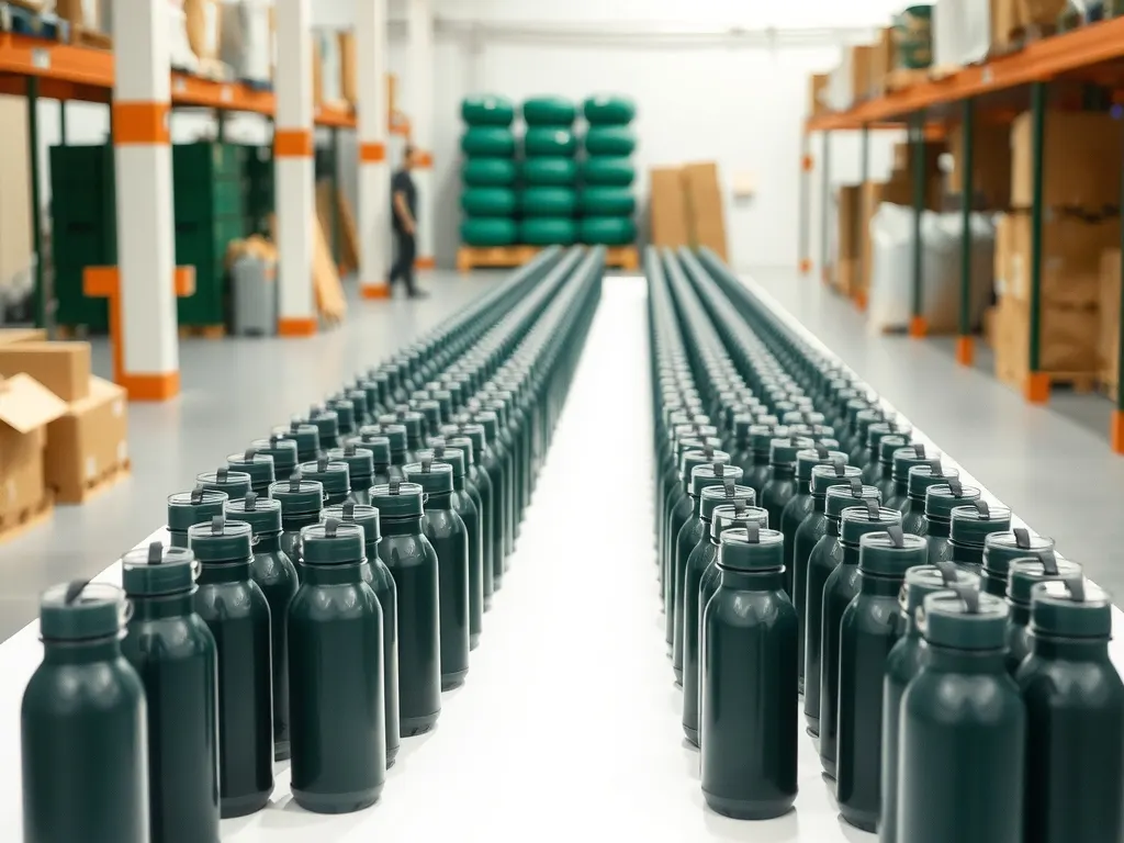Rows of matching dark green steel bottles lined up for a bulk order