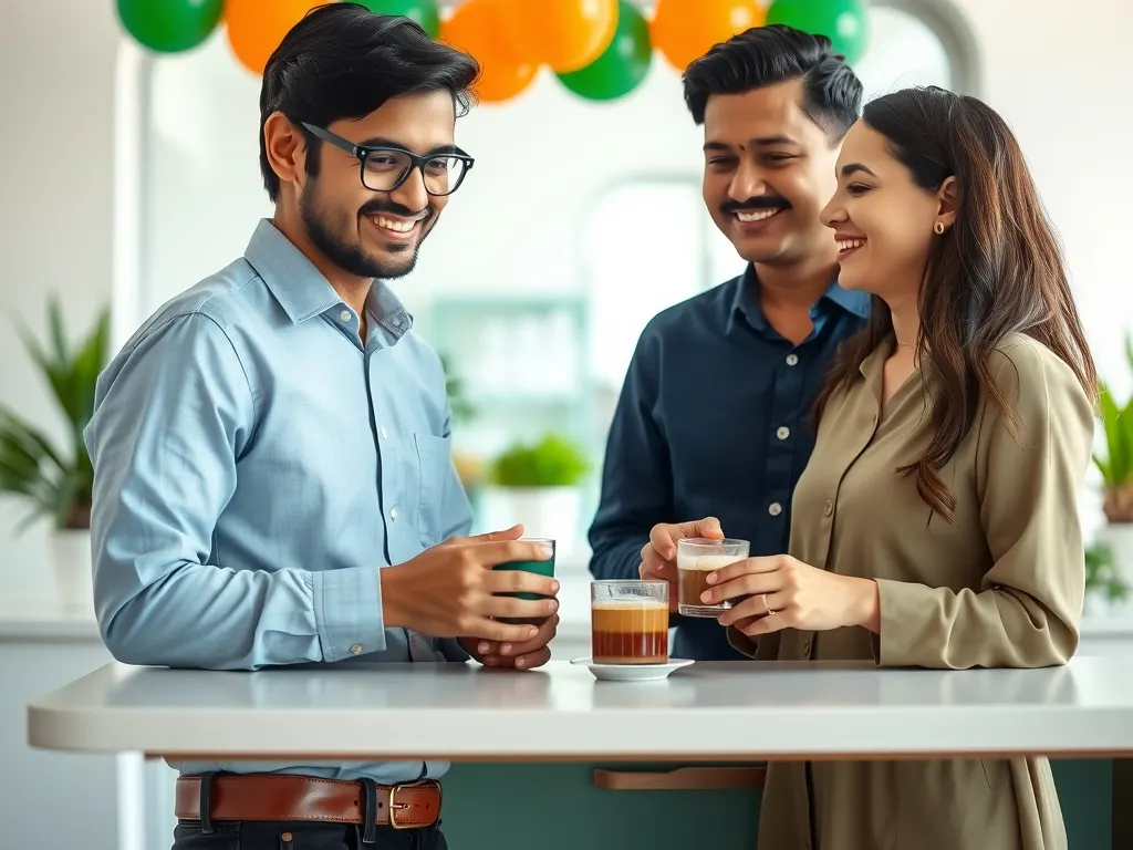 Colleagues smiling over cups of chai at an office pantry decorated with balloons