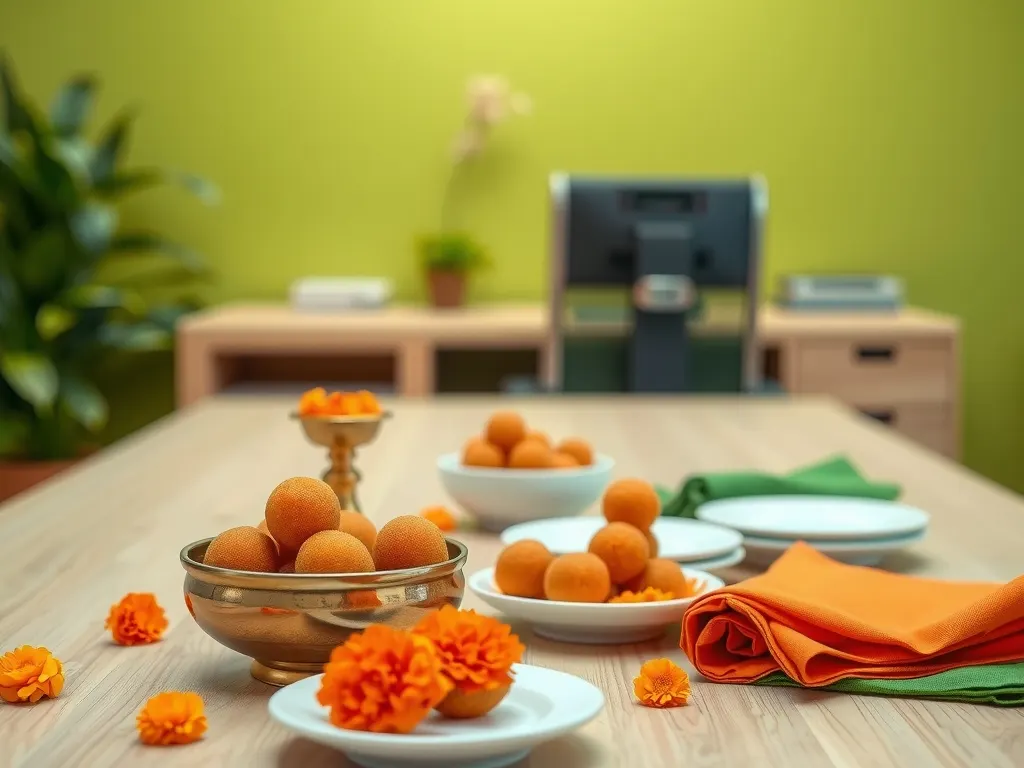Office table set with laddoos, marigolds and orange and green napkins for a team celebration