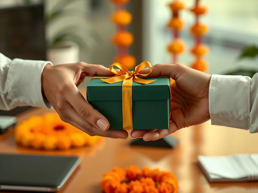 Two colleagues exchanging a green gift box tied with gold ribbon across an office desk