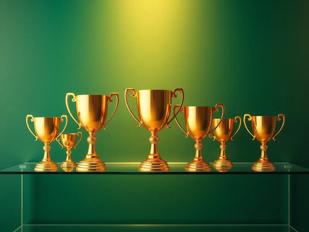 Row of gold trophy cups of different sizes on a glass shelf