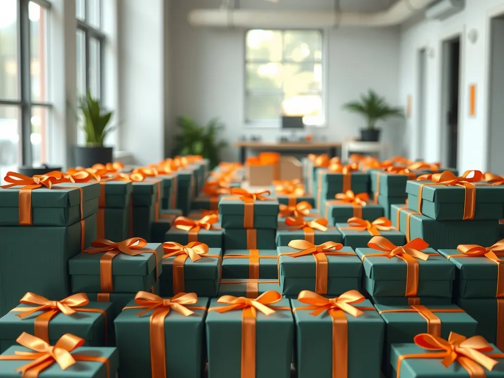 Rows of deep green gift boxes with orange ribbons packed and ready to ship