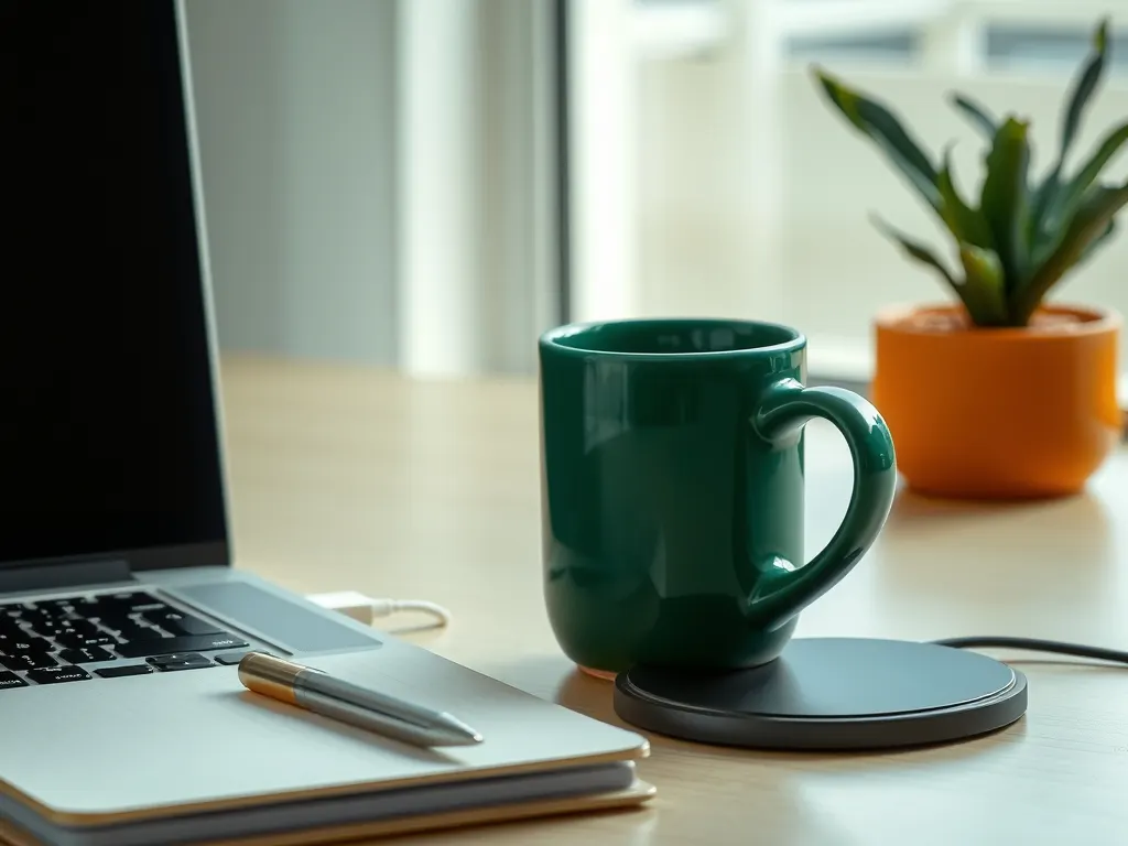 Office desk with a laptop, green mug on a wireless charger and a notebook with pen