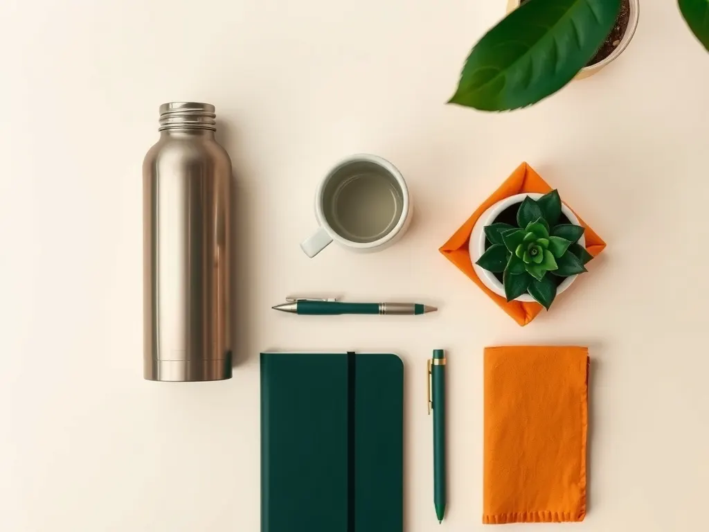 Flat lay of welcome kit contents: steel bottle, mug, notebook, pens, succulent and orange napkin