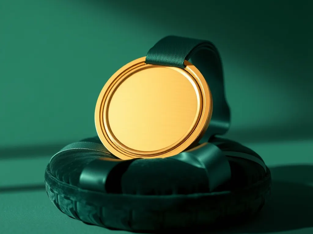 Gold medal with a green ribbon resting on a velvet cushion