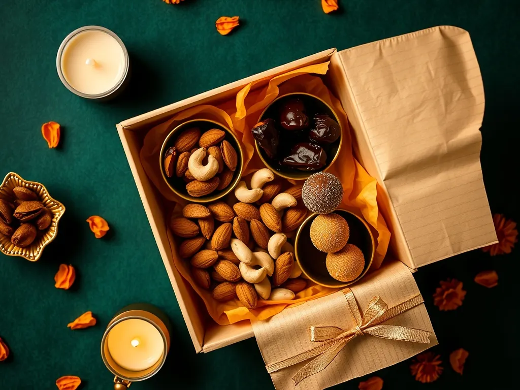 Flat lay of an open kraft gift box with nuts, dates, truffles, a candle and a brass diya