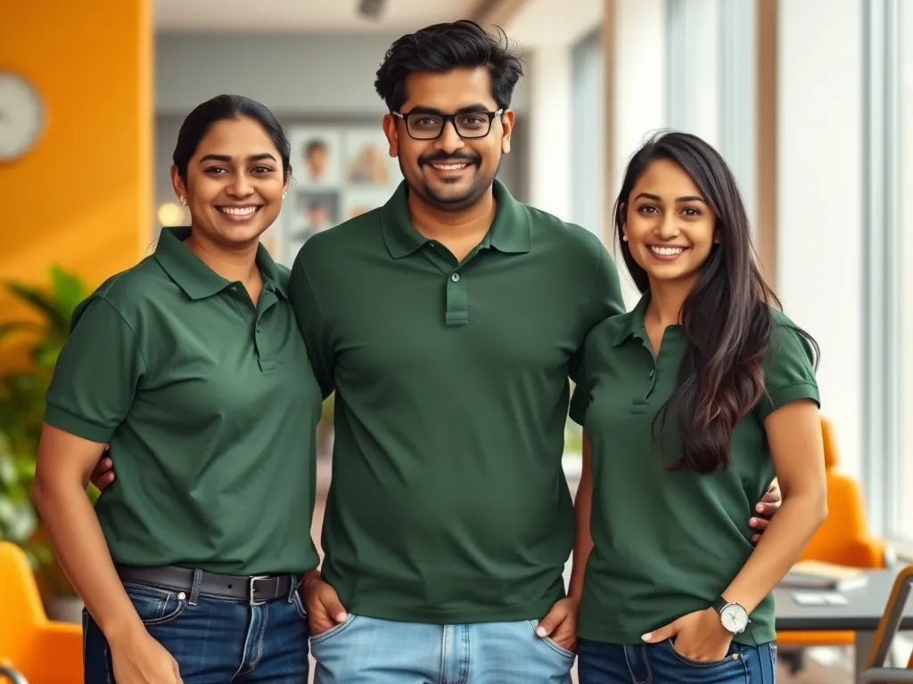 Three smiling colleagues in matching dark green polo shirts in a bright office