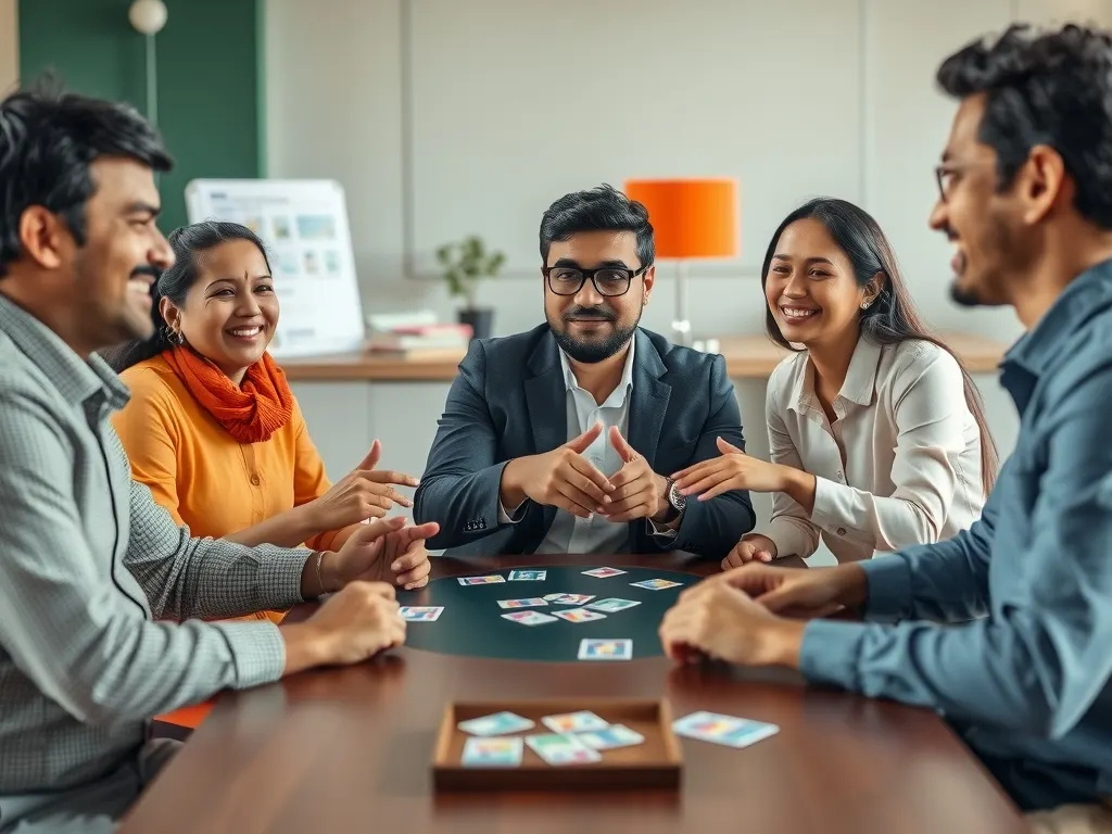 Small team laughing together over a card game at an office table