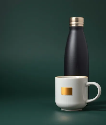 Matte black bottle and mug with gold logo plate