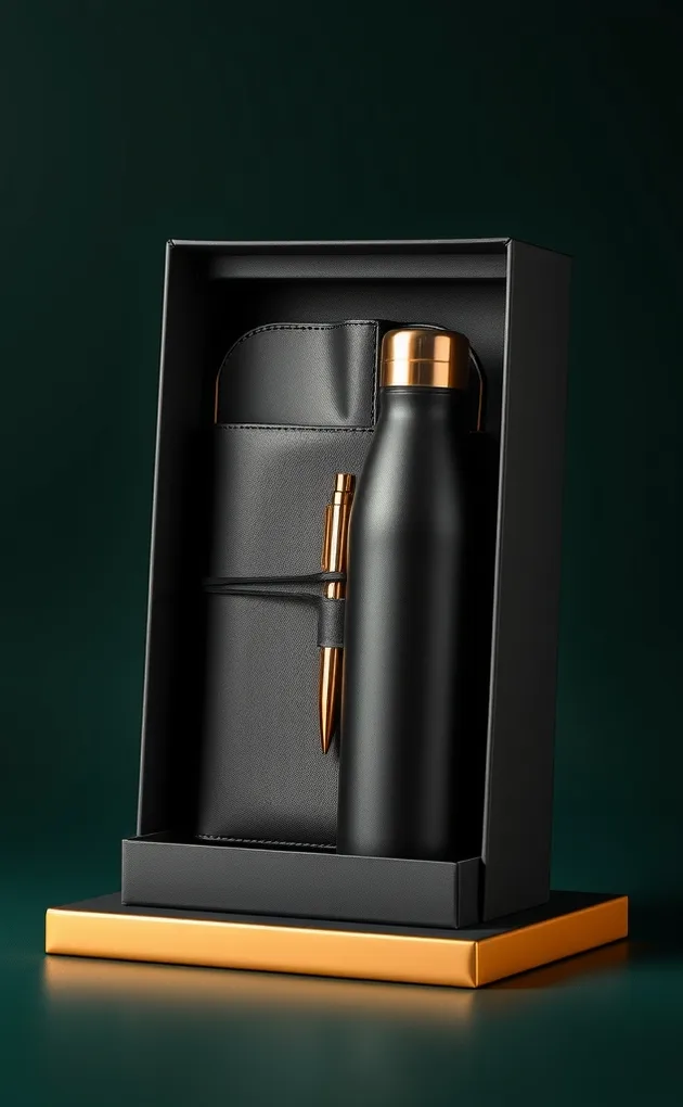 Premium executive gift box with black leather notebook, gold pen and insulated bottle