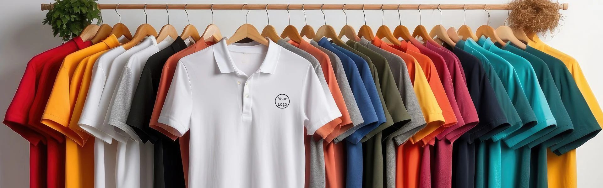 Rack of branded corporate polo t-shirts, ready for your logo