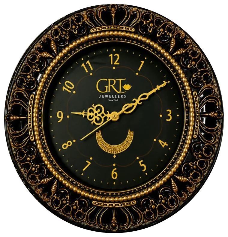 Ornate black and gold premium wall clock from the Timeless collection