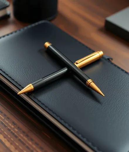 Black leather notebook with gold metal pen