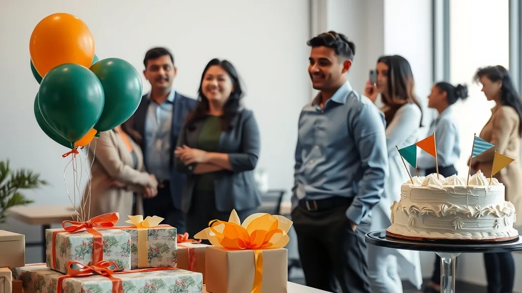Bright office break area decorated with green and orange balloons, gift boxes and a celebration cake while colleagues chat in the background