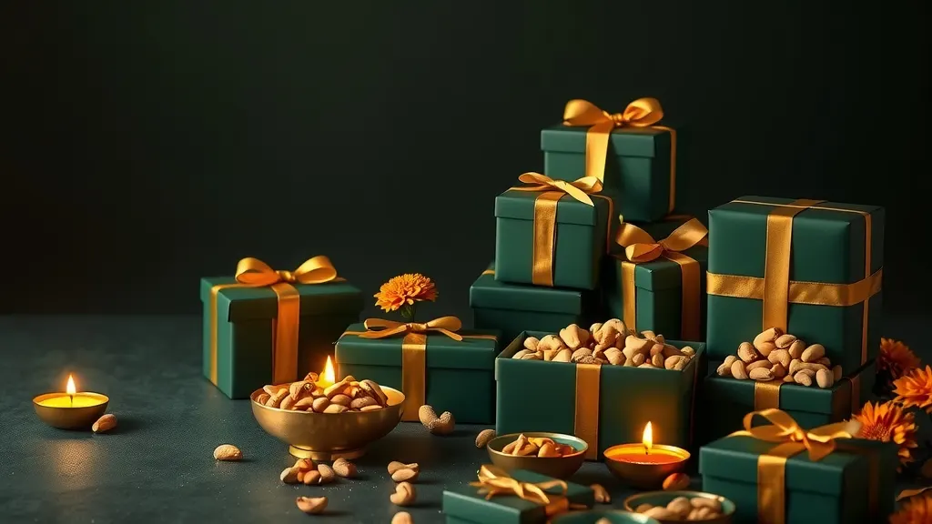 Deep green festive gift boxes with gold ribbons, brass bowls of dry fruits, glowing diyas and marigolds