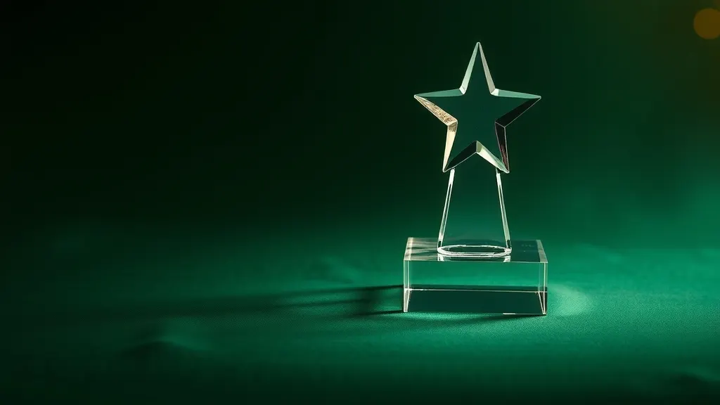 Clear crystal star award on a glass base standing on deep green velvet under soft spotlight