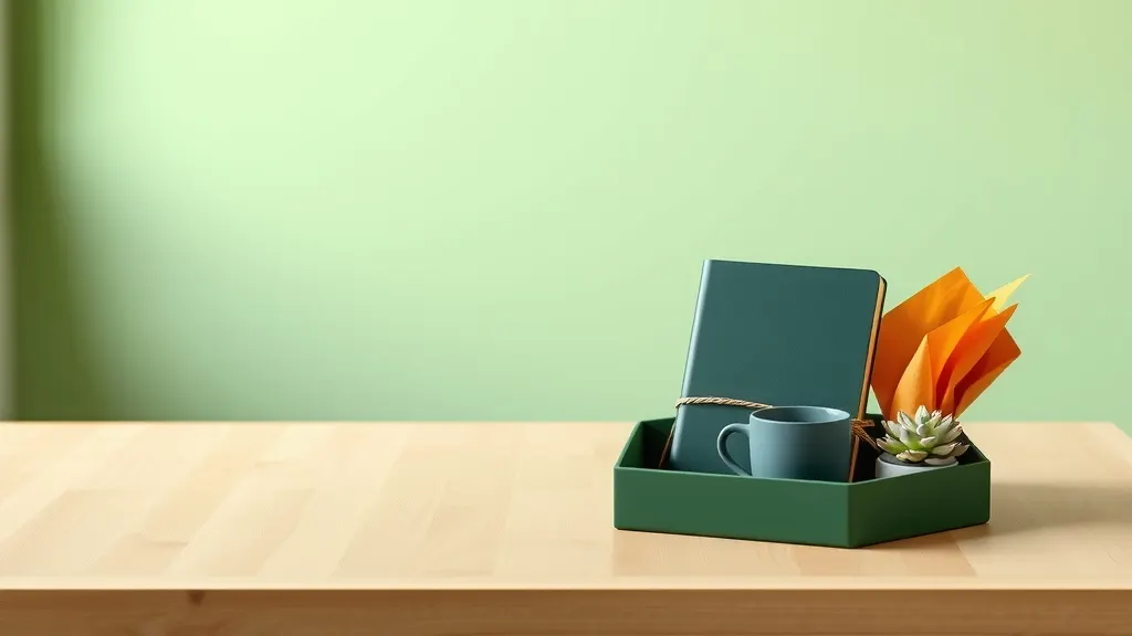 Open deep green welcome kit box with a notebook, mug, succulent and orange tissue paper on a wooden desk