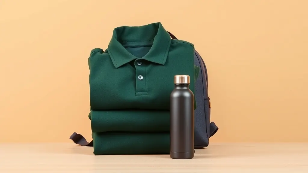 Folded plain dark green polo shirts with a steel water bottle and a charcoal backpack on a wooden table