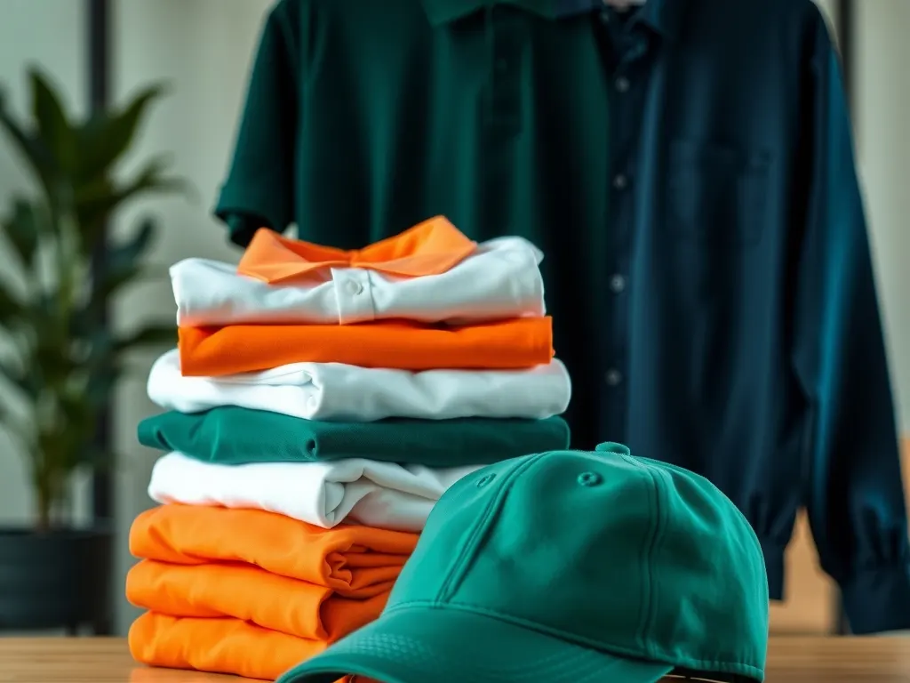 Stacks of folded plain polo shirts in green, white and orange with a green cap and a navy jacket