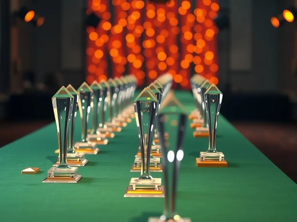 Long table with a green cloth lined with crystal awards ready for a corporate awards ceremony