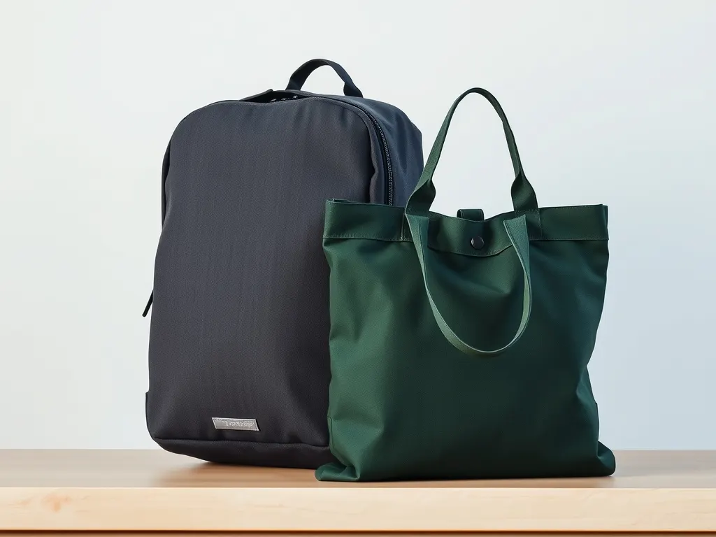 Charcoal laptop backpack beside a dark green canvas tote bag on a wooden bench