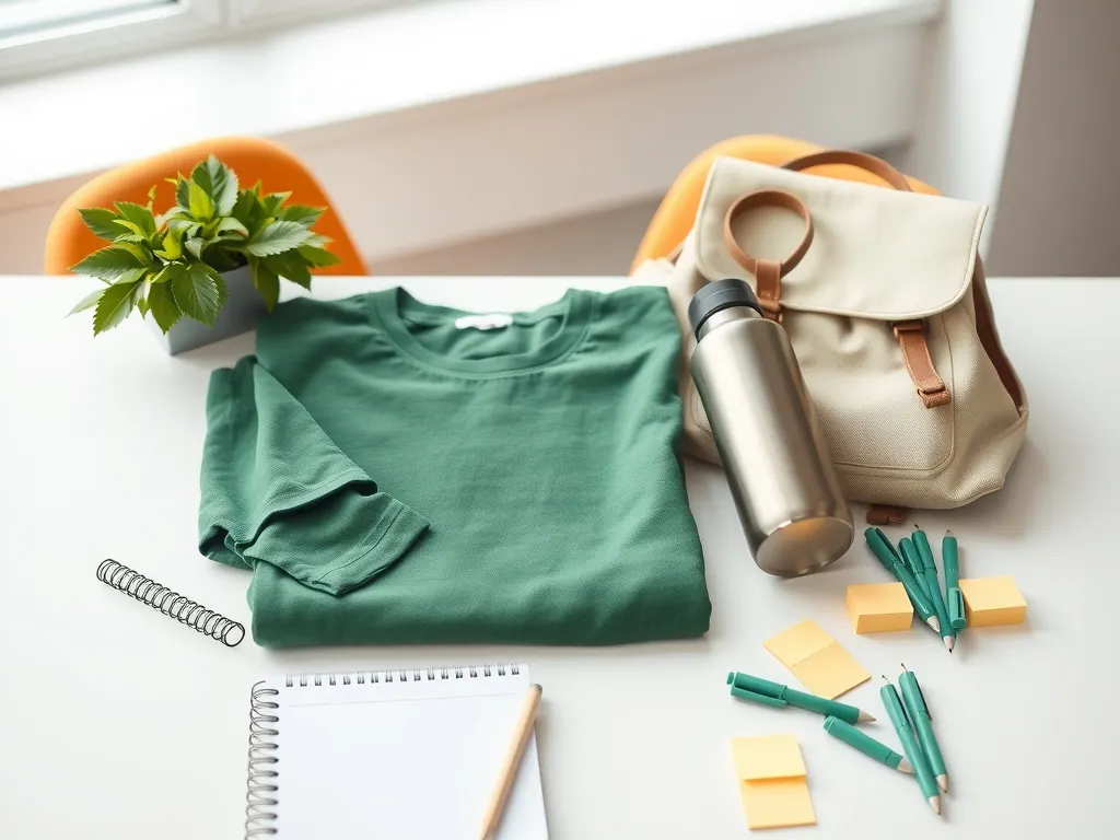 Flat lay of a green t-shirt, canvas backpack, steel bottle, spiral notebook, pens and sticky notes