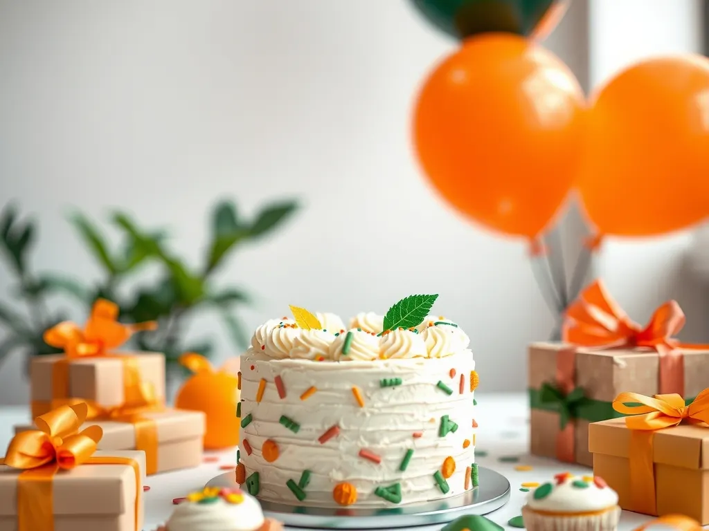 Office celebration table with a frosted cake, cupcakes, wrapped gifts and green and orange balloons