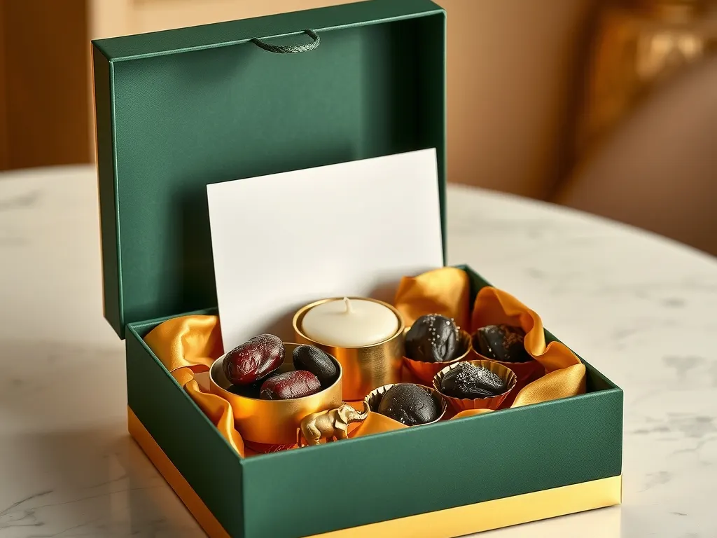 Open deep green and gold gift box with a candle, dates, chocolate truffles and a brass elephant