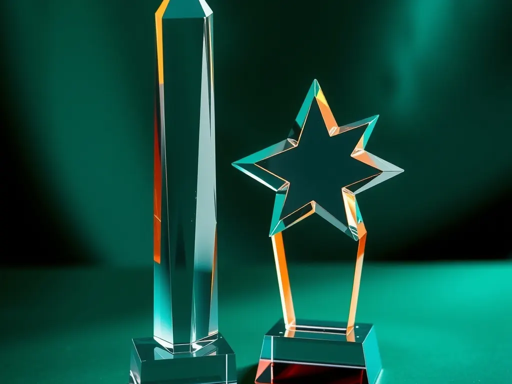Tall faceted crystal obelisk award and a star-shaped glass award on a dark green surface