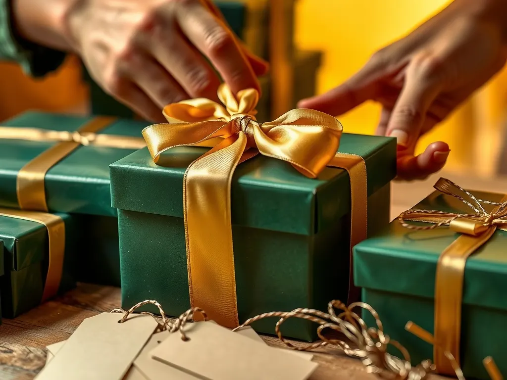 Hands tying a gold satin ribbon on a deep green gift box beside blank gift tags