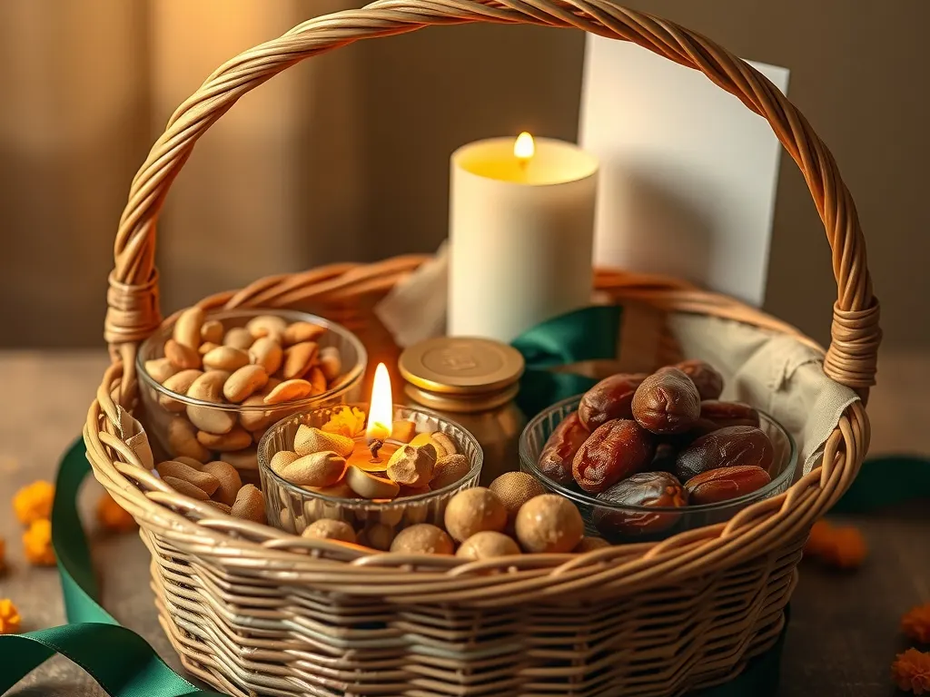 Wicker festive hamper with bowls of cashews, almonds, dates, truffles and a lit diya