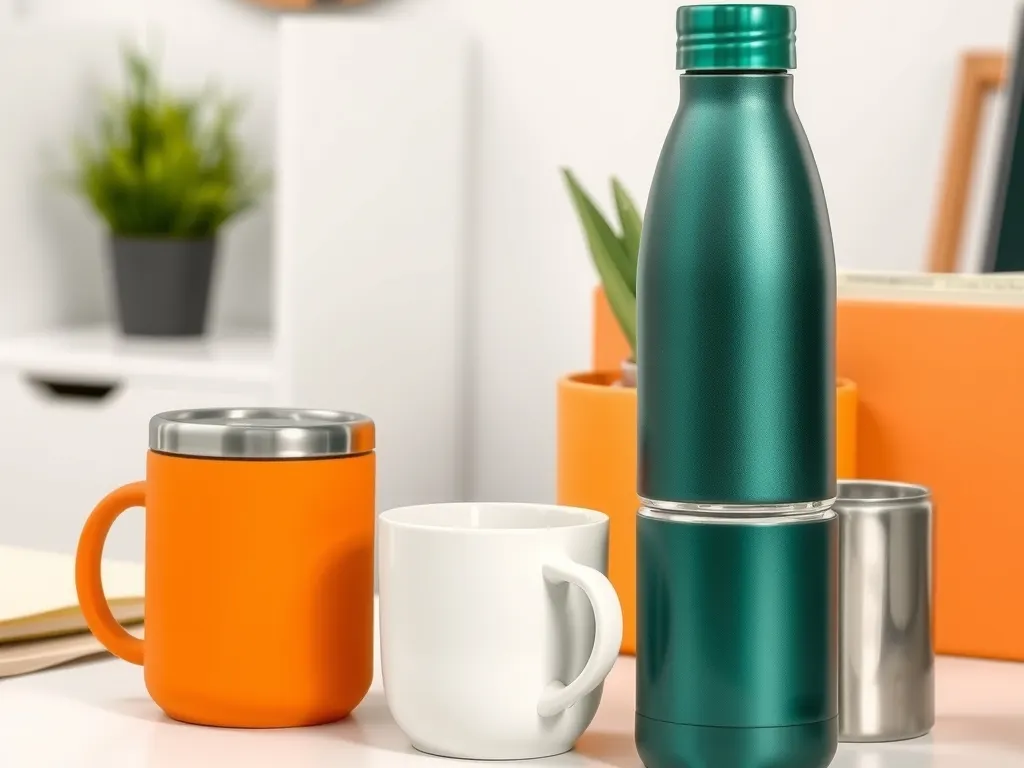 Green steel water bottle, white ceramic mug, orange tumbler and steel sipper on a desk