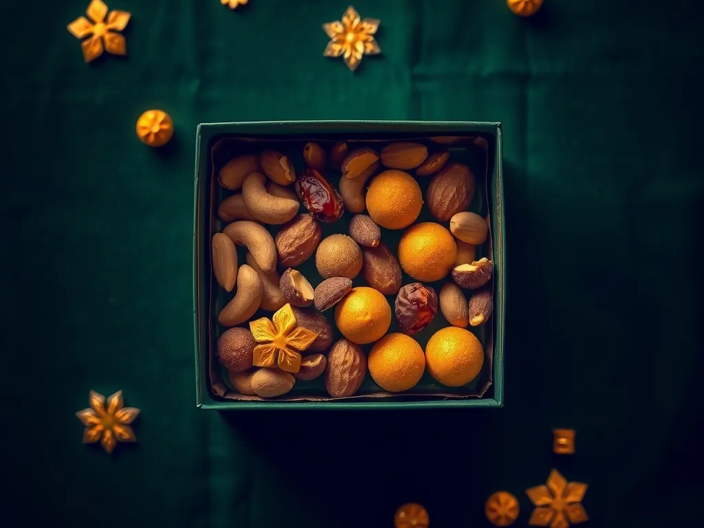 Top-down view of a green gift box filled with almonds, cashews, dates and festive treats