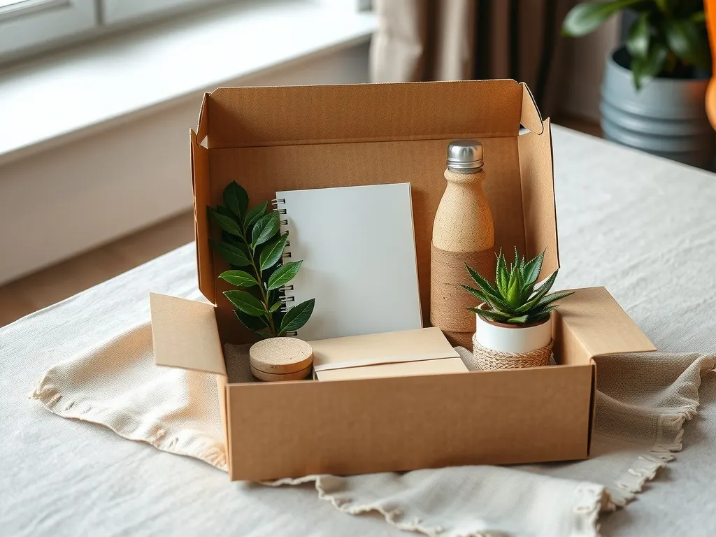 Kraft paper box holding a blank notebook, bamboo-finish bottle, jute pouch and small succulent on a linen cloth