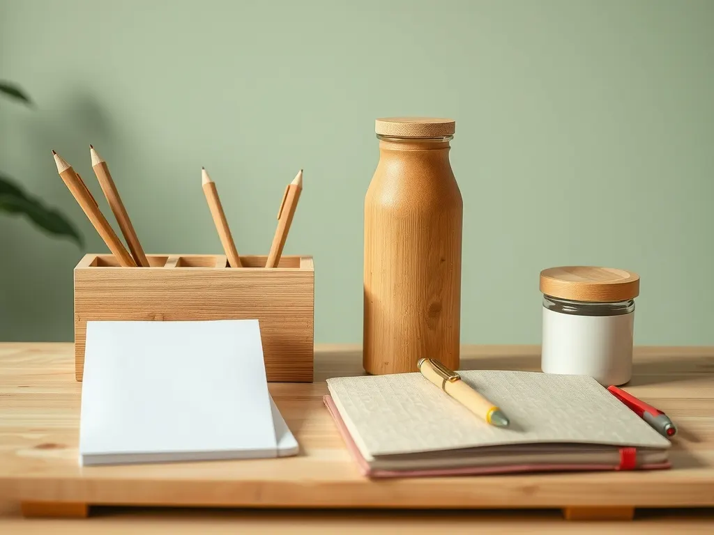 Bamboo desk organiser with pencils, a wooden bottle and kraft paper notebooks on a light wooden desk
