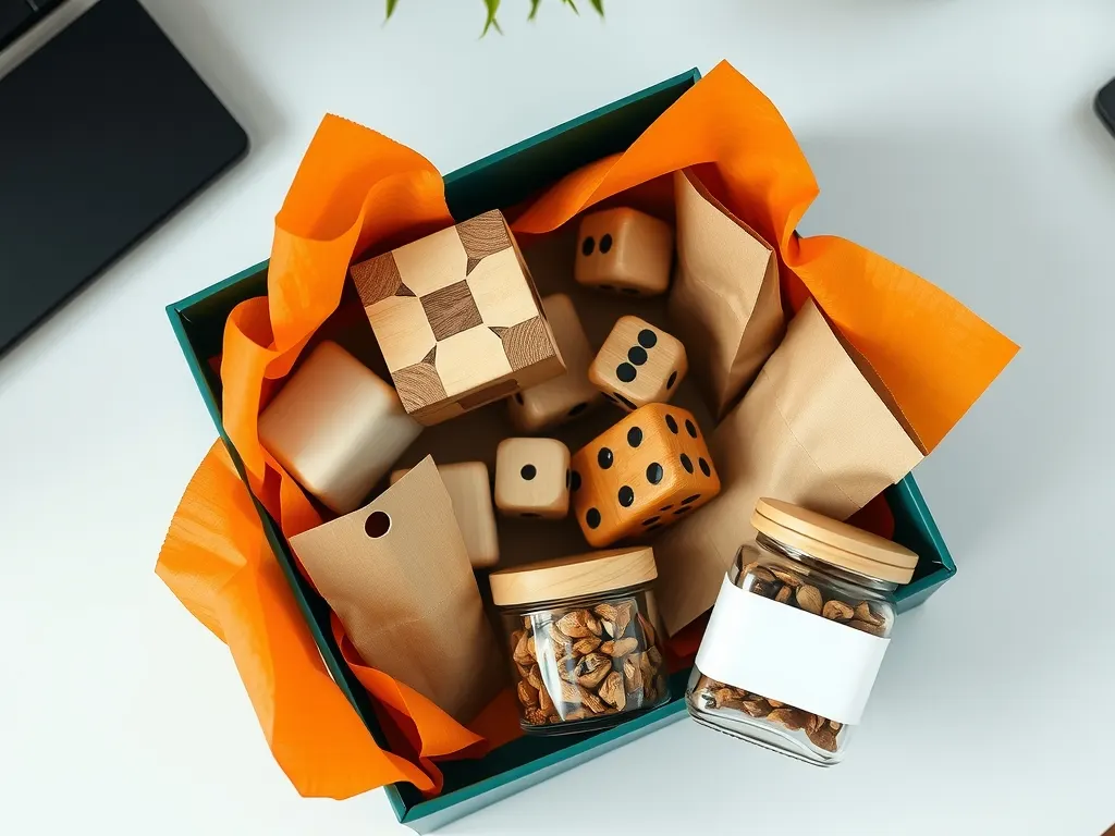 Open green gift box with wooden puzzles, dice and snack jars on orange tissue paper