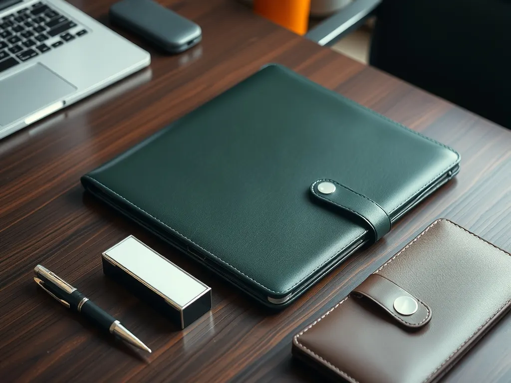 Dark green leather portfolio, metal pen, card holder and leather wallet on a walnut desk