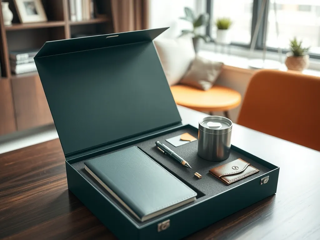 Executive gift set in a dark green magnetic box with a leather notebook, metal pen, steel tumbler and card holder
