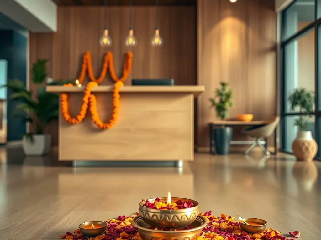 Office reception decorated with marigold garlands, glowing diyas and a flower-petal rangoli